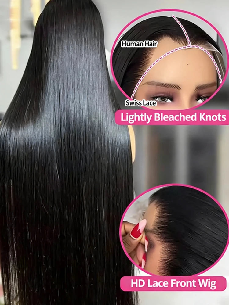 UVEOUS 40-42 inch bone straight human hair wig with 13x6 HD lace frontal in natural color, styled on a mannequin head.