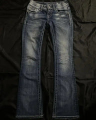 Streetwear Vintage Jeans Y2K Clothes Womens Vintage Pocket Sequin Washed Blue Baggy Jeans Mid Rise Slim Fit Trousers