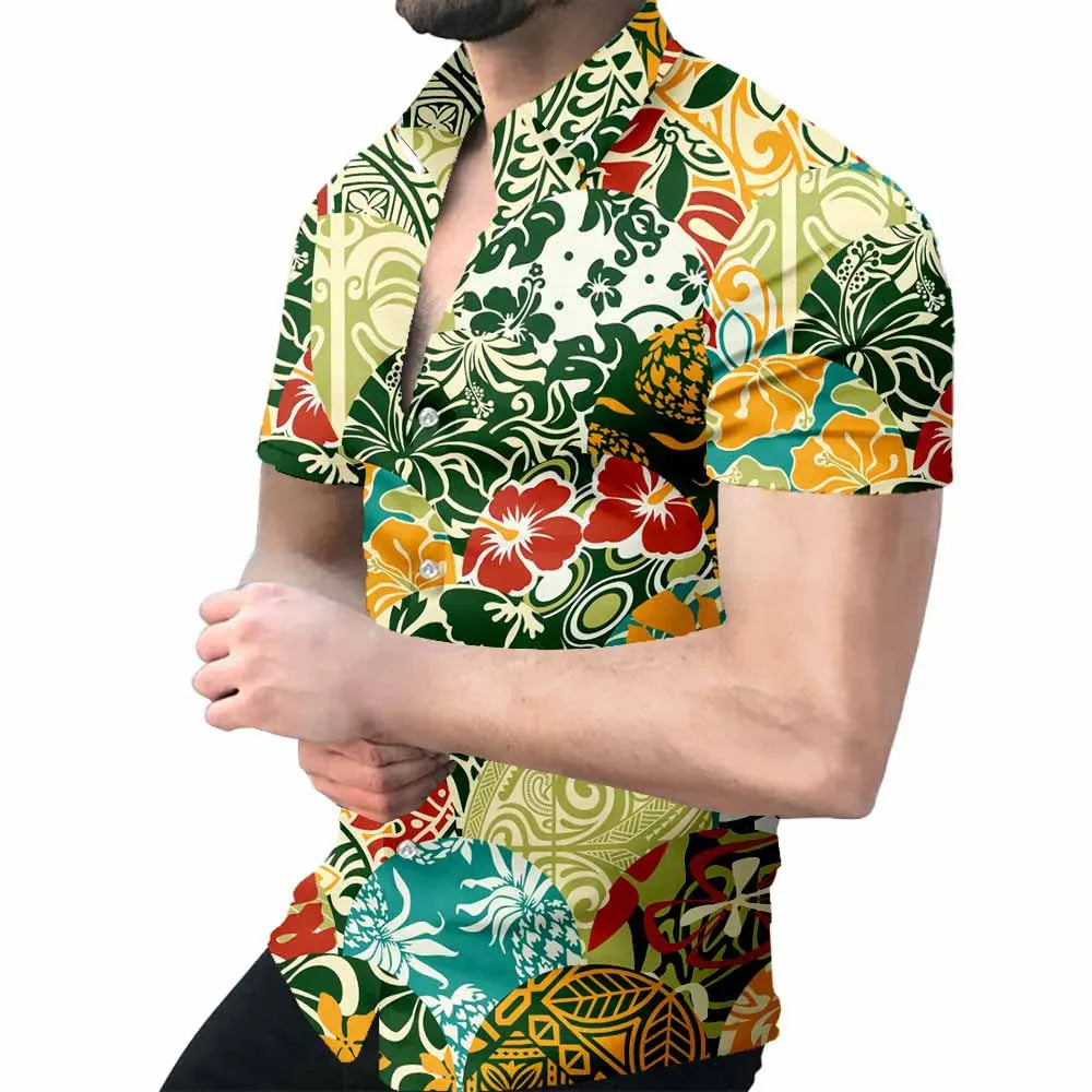 Men's Hawaiian Baroque 3D print short sleeve shirt by SHOWLU FASHION, featuring vibrant tropical floral and baroque patterns.