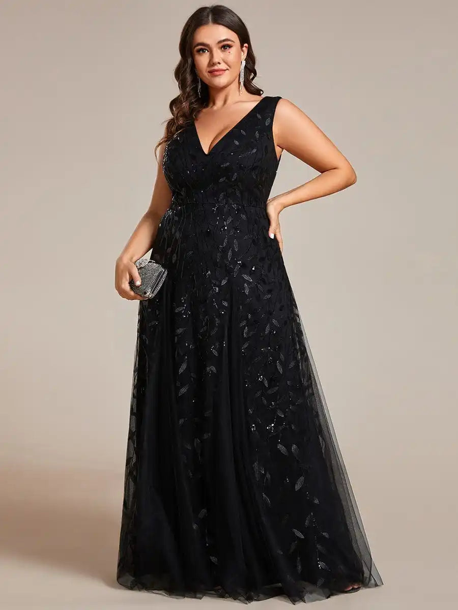 Plus Size Evening Dresses Deep V-neck Sparkling Sleeveless Leaf 2024 Ever Pretty of Sequin A-Line Dark Green Bridesmaid dress SHOWLU FASHION STORE