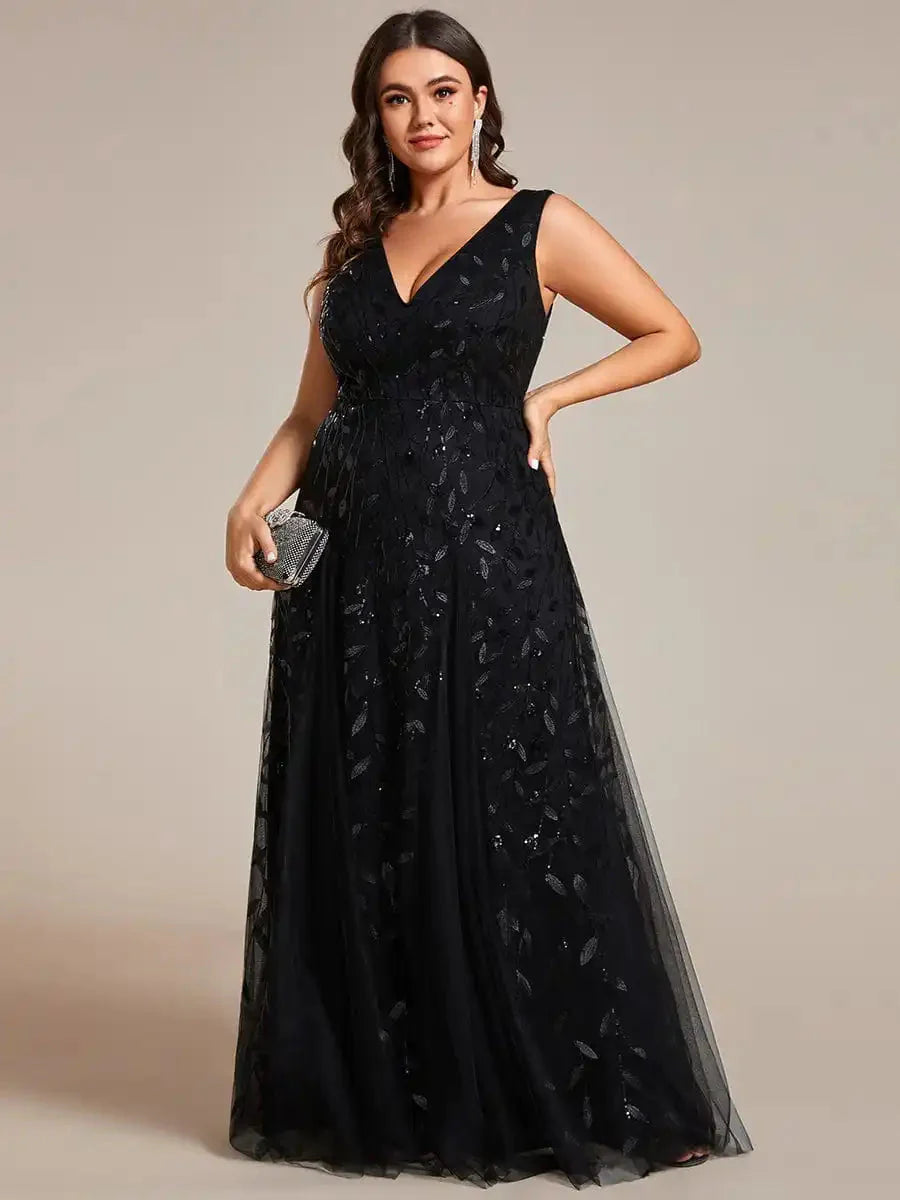 Dark green plus size sequin evening dress with V-neck and A-line silhouette by SHOWLU FASHION STORE, featuring shimmering sequins and elegant design.