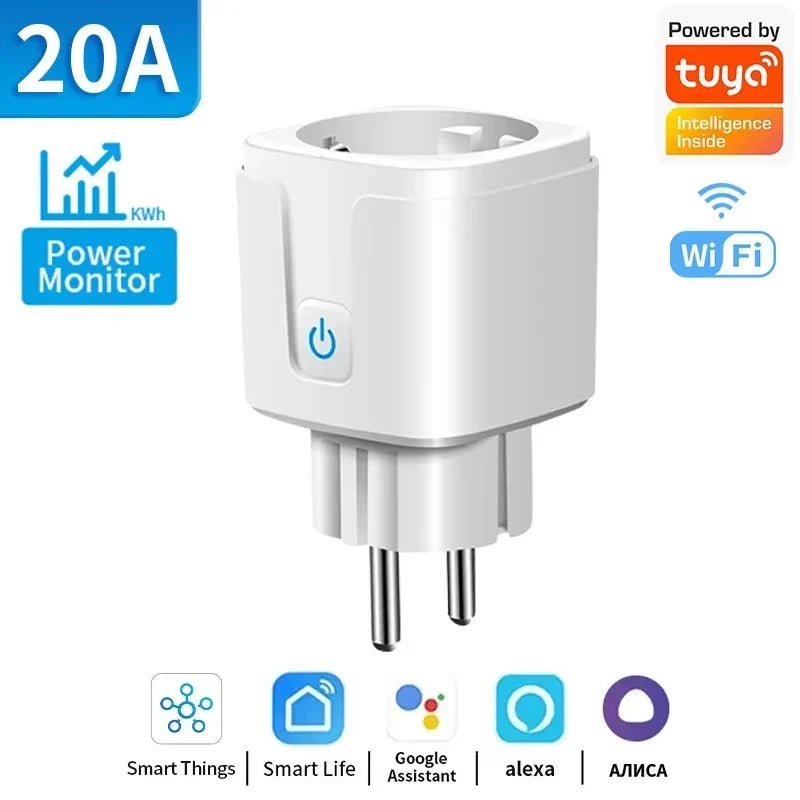 Showlu Smart WiFi Smart Plug with EU socket, power monitoring, and voice control for remote smart home management.