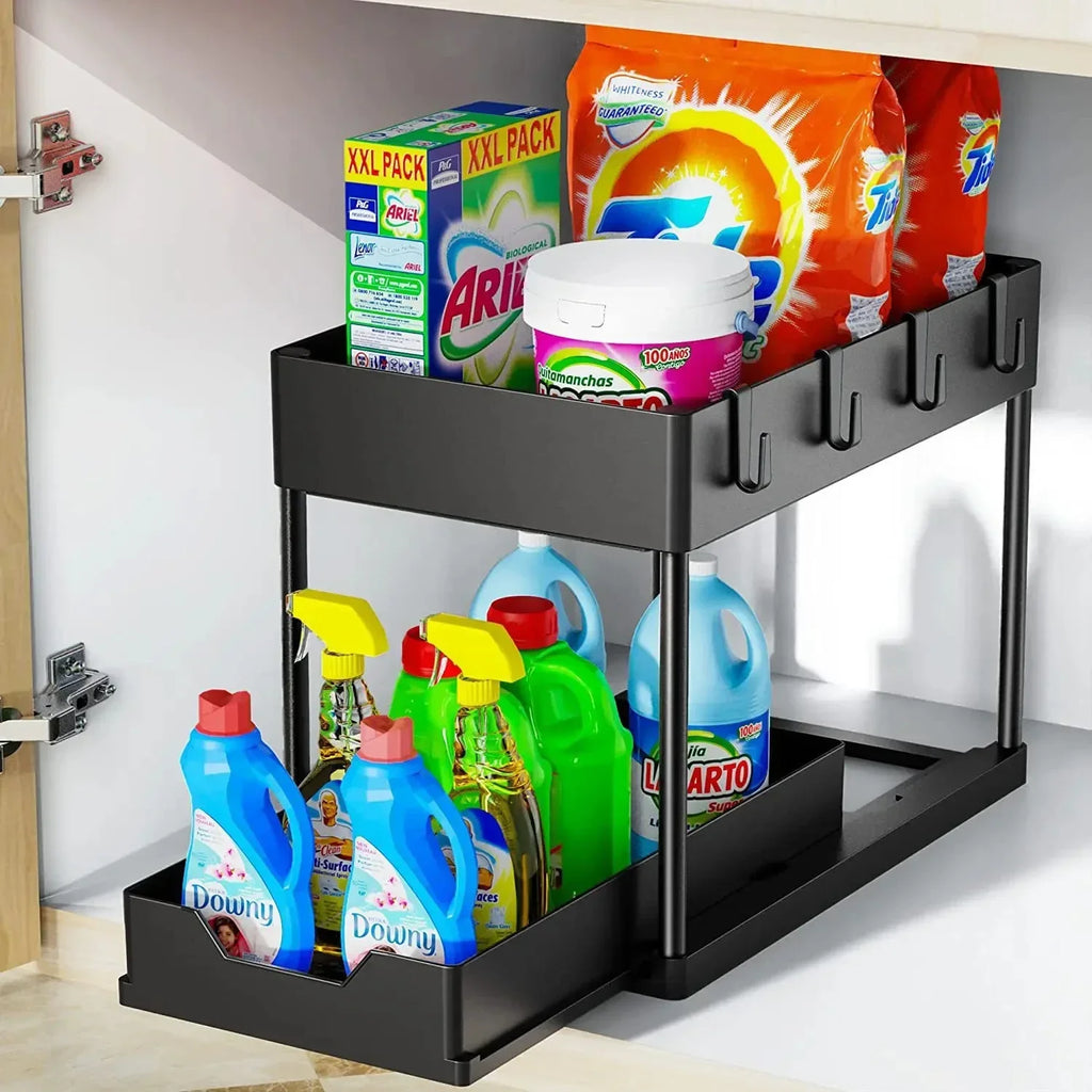 Showlu Smart General under sink organizer rack with multiple compartments for efficient bathroom or kitchen storage.