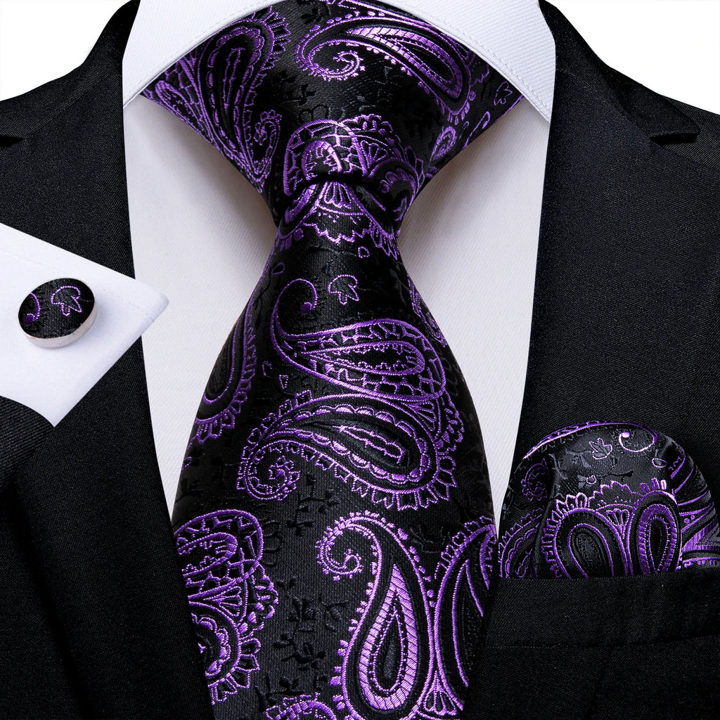 DiBanGu Ties For Men Purple Floral Paisley Necktie Business Formal 100% Silk Tie Pocket Square Set For Wedding Party Cravat