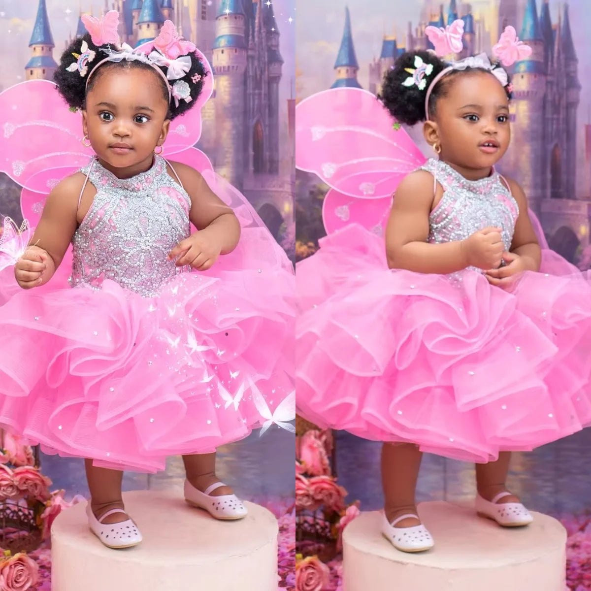 Pink Girls Birthday Party Dresses Customized High Neck Beading Flower Girl Dresses Baby Kids Gowns for Photo Shoot