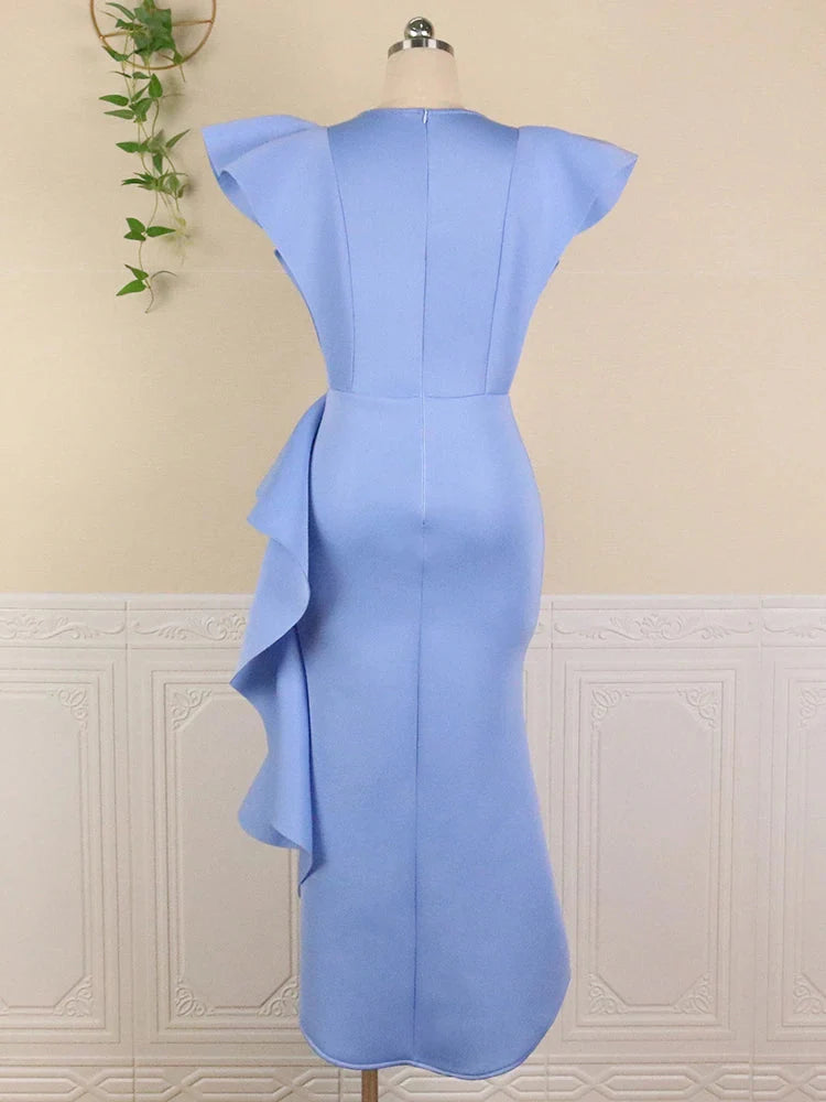 Elegant AOMEI women's ruffle slit V-neck sheath dress with flowing fabric, perfect for evening parties or formal events.