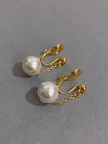Vintage simple pearl mosquito coil clip earrings for women, drop style with hanging chain, painless non-piercing party jewelry