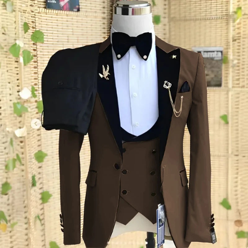 Beige formal men's 3-piece suit with peaked lapel, blazer, pants, and vest, suitable for weddings, business, and parties.