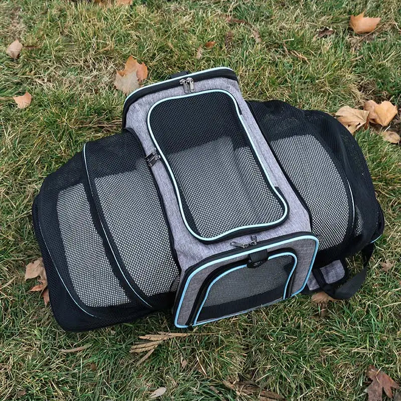 A grey and black expandable pet carrier with mesh windows sits on a grassy lawn.