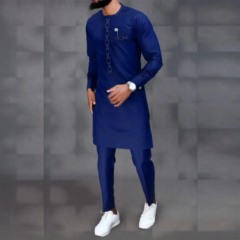 White men's Kaunda suit by Showlu Fashion Store, traditional African 2-piece cotton set with intricate detailing and classic style.