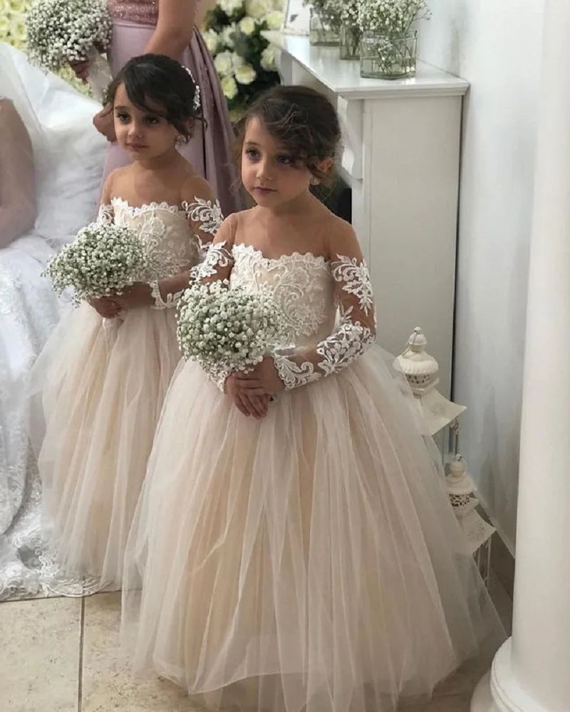 Lace champagne flower girl dress by Showlu Fashion Store featuring a ball gown style with floral embellishments and a tutu skirt.
