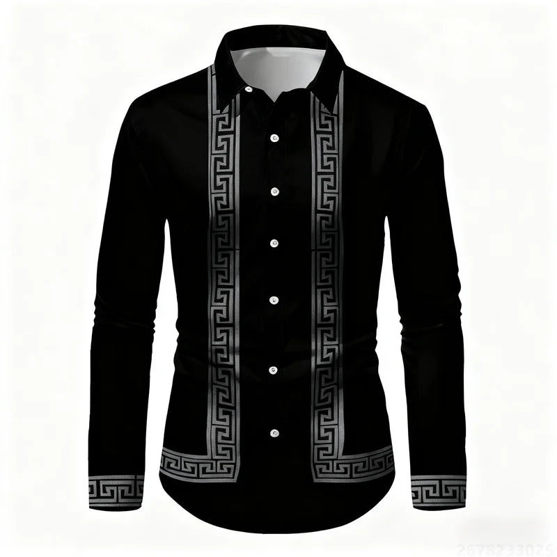 Men's retro geometric print long-sleeve shirt in black and white, slim fit, stylish casual top by Showlu Fashion Store.