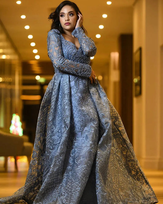 Luxury Long Sleeve Sexy V Neck Evening Dress Blue Women Beading Crystal Dubai Arabic Formal Occasions Prom Gown Vestidos Noche SHOWLU FASHION STORE