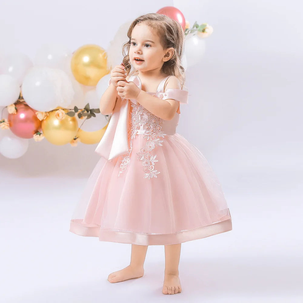 Girls' bow embroidery ball gown by Showlu Fashion Store, elegant wedding party dress with intricate embroidery and a full tulle skirt.