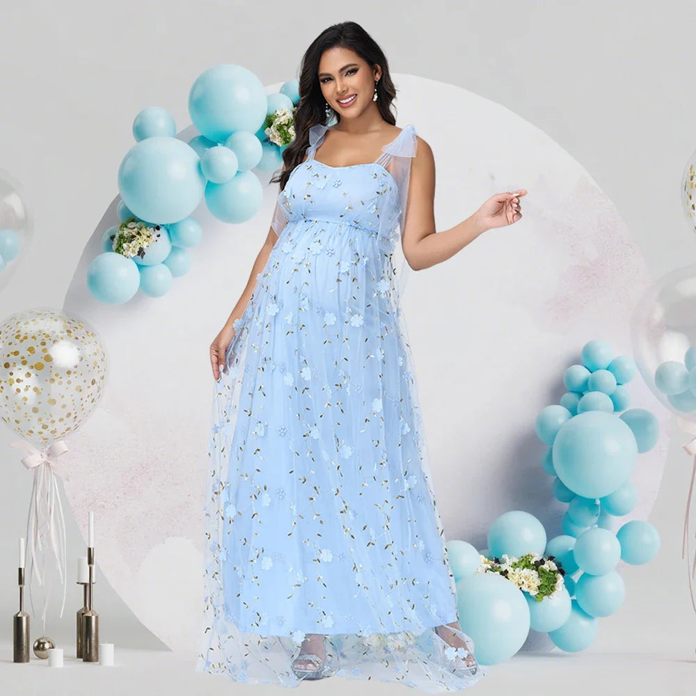 Showlu maternity tulle gown with floral embroidery and V-neck, ideal for photoshoots, featuring delicate lace details