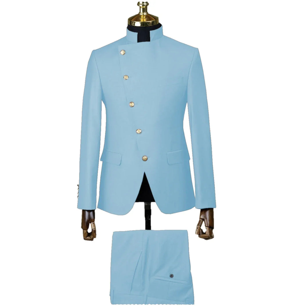 Showlu Fashion men's slim fit cotton wedding tuxedo with stand collar, two-piece suit, perfect for formal occasions.