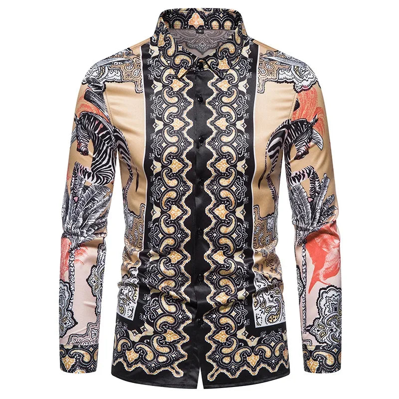 Showlu men's retro plaid long sleeve shirt with casual floral pattern, featuring a button-up front and classic collar.