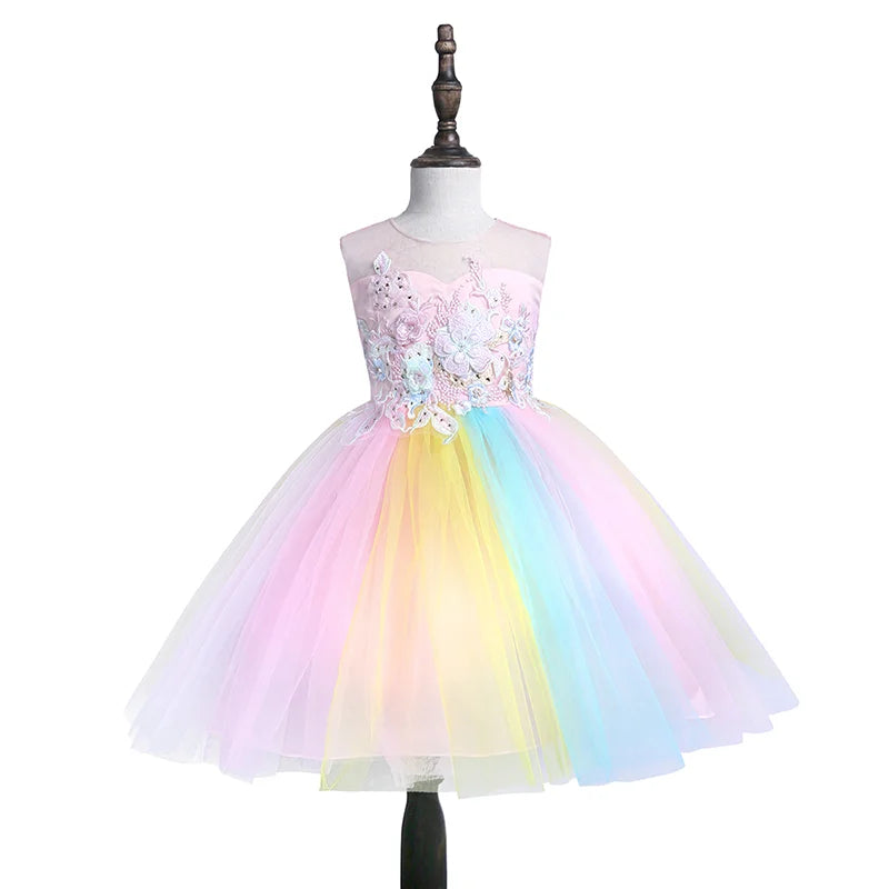 Kids princess style girls dress with mesh skirt, puffy design, sleeveless vest, ideal for wedding, party, or special occasions.