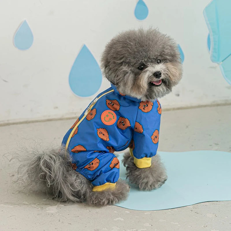 Showlu Waterproof Hooded Dog Raincoat with four-leg jacket, lightweight and protective for pets in rainy weather.