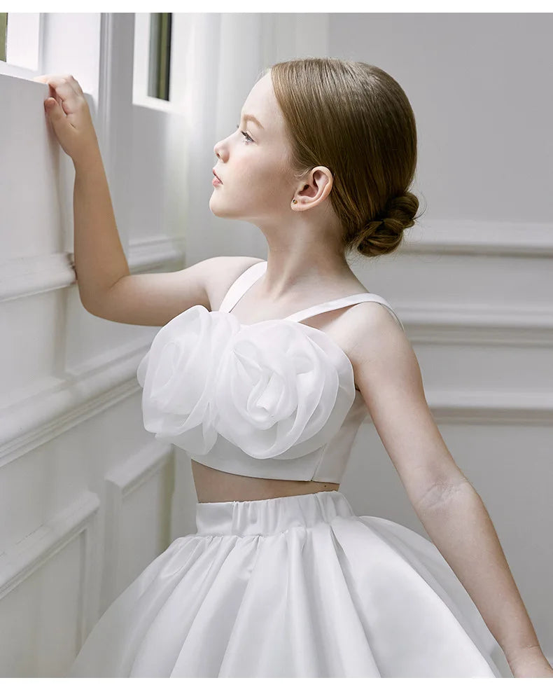 Two Pieces White Flower Girl Dresses Birthday Wedding Party Gown Kids Princess Sleeveless Knee Length Prom Dress for Girls