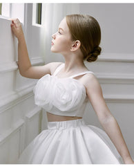Two Pieces White Flower Girl Dresses Birthday Wedding Party Gown Kids Princess Sleeveless Knee Length Prom Dress for Girls