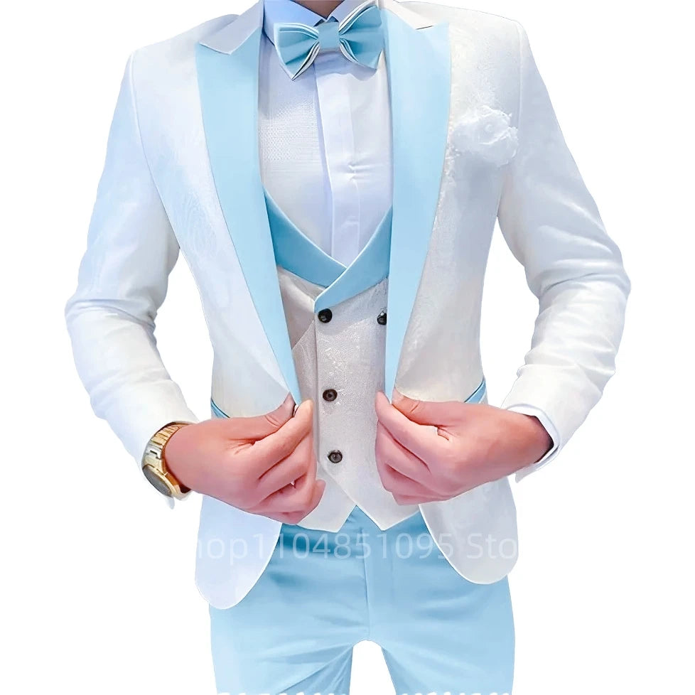 Elegant men's formal suit by Showlu Fashion, three-piece jacquard groom suit with blazer, vest, and pants for weddings or business.