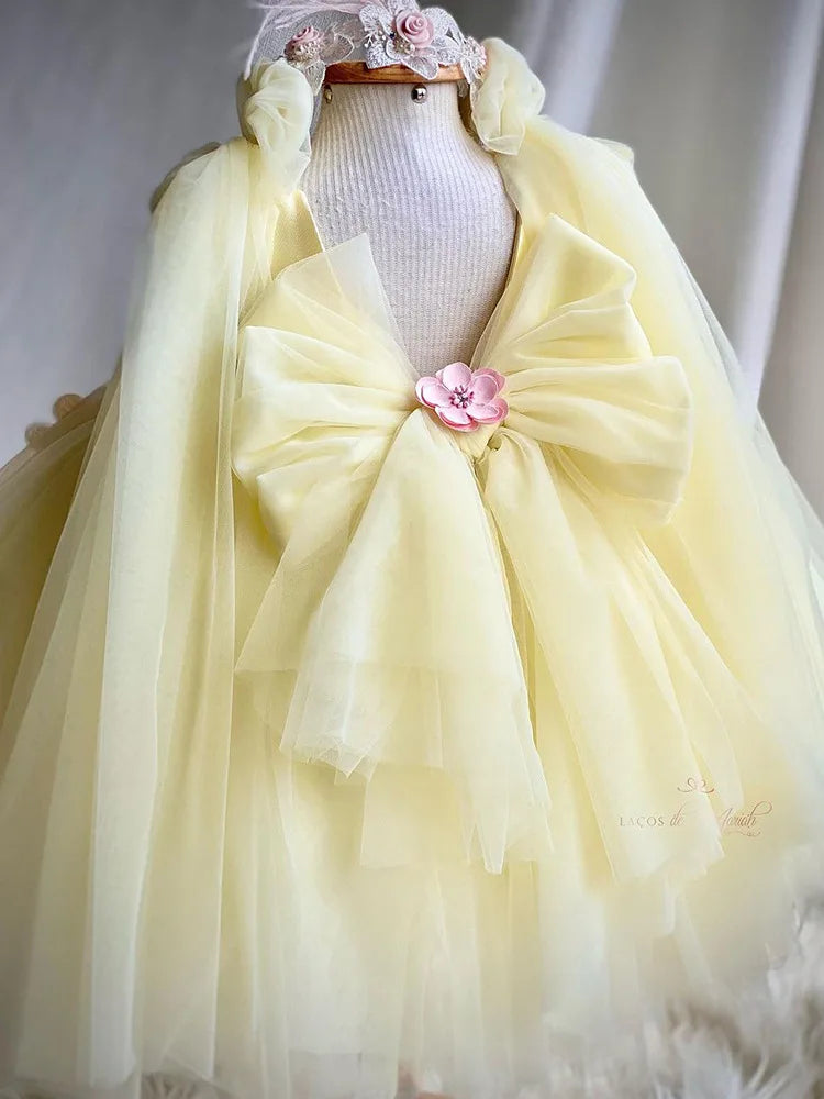 Baby girl dress with floral embroidery, big bow, and puff skirt for Halloween or special occasions, by Showlu Fashion Store.