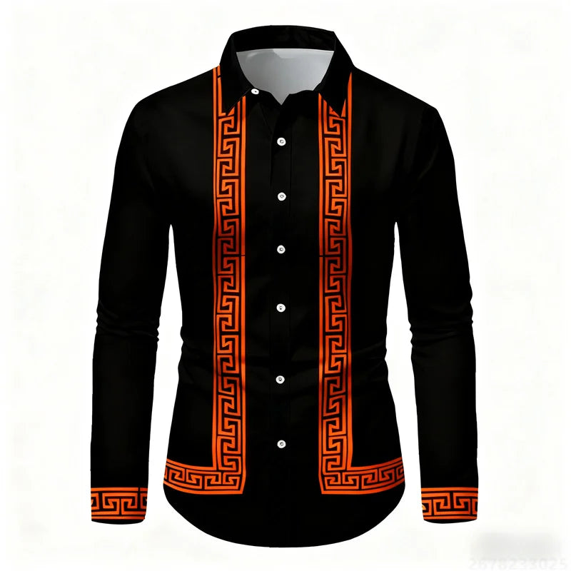 Men's retro geometric print long-sleeve shirt in black and white, slim fit, stylish casual top by Showlu Fashion Store.