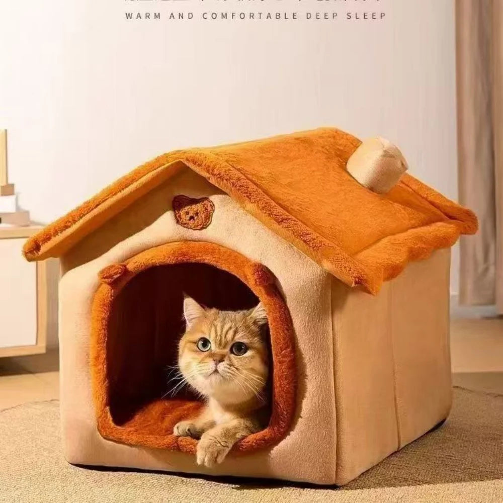Showlu All Season Dog House Bed with warm coral fleece, washable pet bed designed for comfort and durability for dogs.