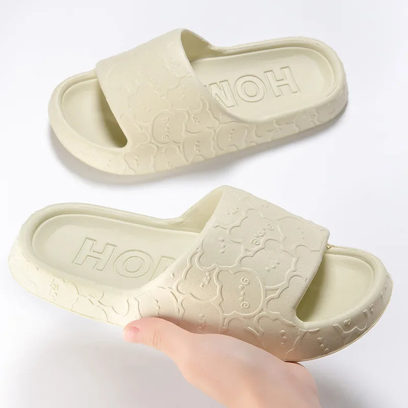 Cute women's cloud slippers with bear design, soft sole, non-slip Eva slides for indoor, beach, or shower use