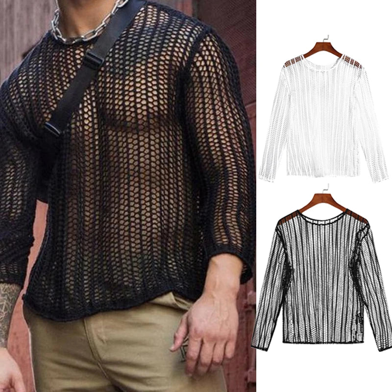 Mens Long Sleeve T-Shirts Sexy Sheer Mesh Fishnet Clubwear Tops Tee Outwear Gym Training  Hollow Out See Through Tops