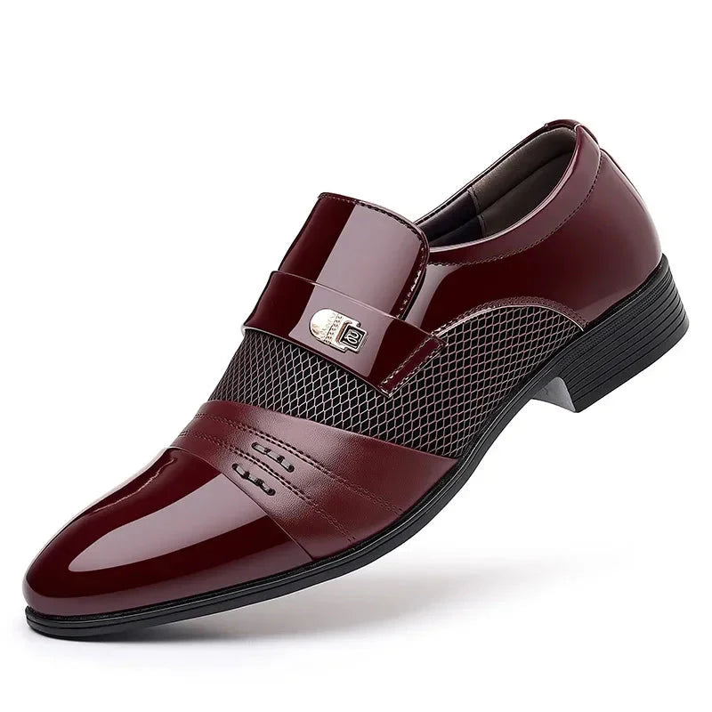 Red men's Oxford loafers with pointed toe and colorblock design, stylish dress shoes by SHOWLU FASHION STORE