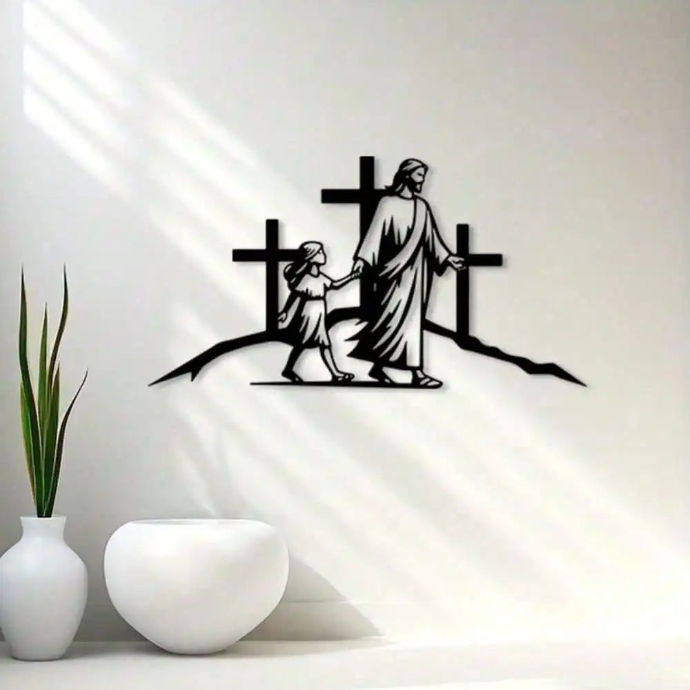 Rustproof metal Jesus on cross wall art for Christian home decor, featuring intricate design and durable metal craftsmanship.