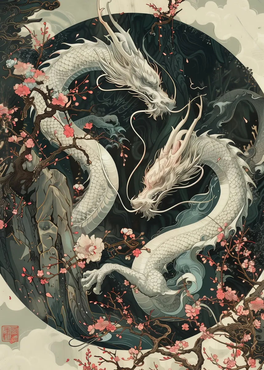 Japanese landscape art poster featuring samurai, geisha, bonsai, torii gate, sakura, wall print for home decor.