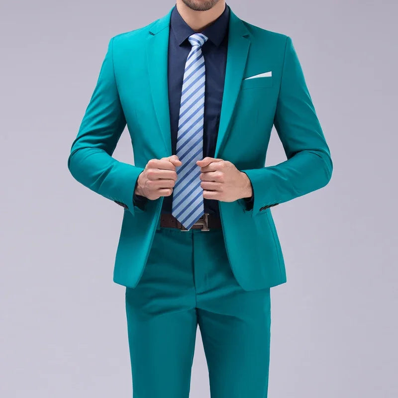 Men's solid color blazer and trousers set from Showlu Fashion Store, suitable for office, formal events, or weddings.