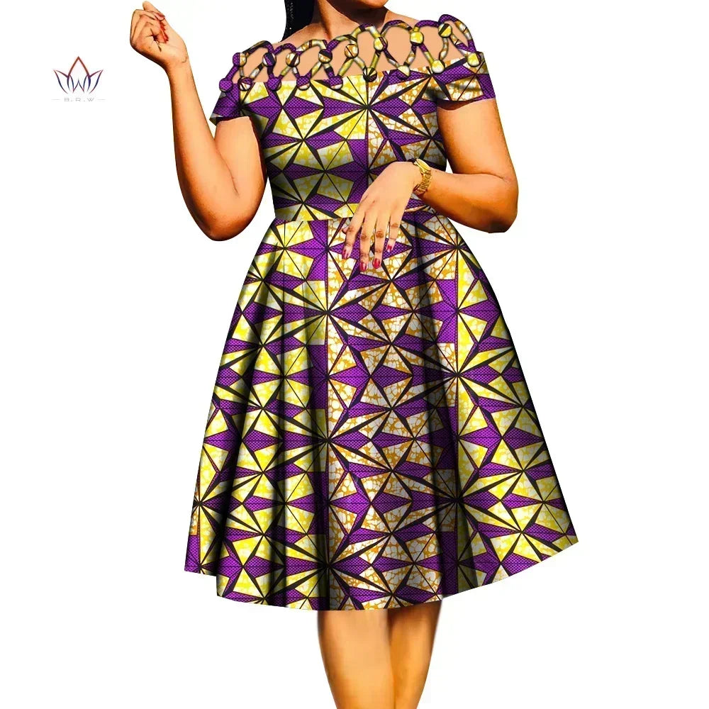 BintaRealWax African Dresses for Women Cotton Rope Weaving Collar African Print Wax Clothing Knee-Length Lady Dress WY335