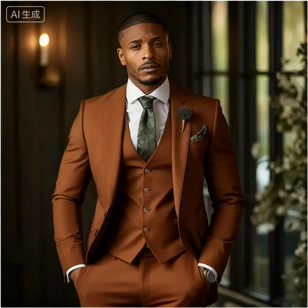 Showlu men's emerald green 3-piece slim fit formal tuxedo suit, featuring jacket, vest, and trousers, tailored for a sharp look.