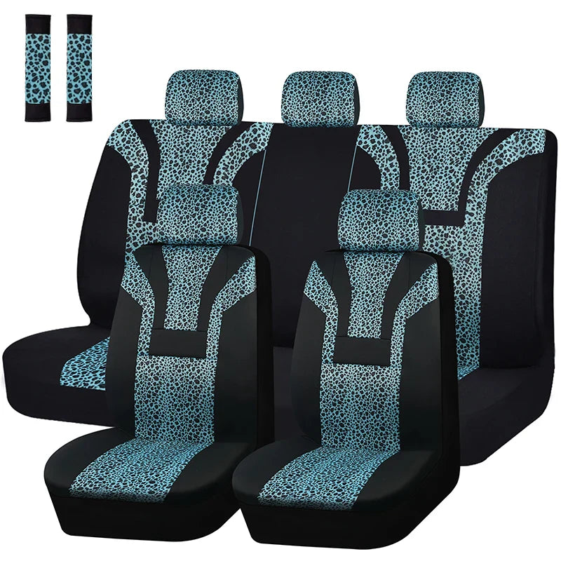 Leopard print plush car seat covers from AUTO PLUS, designed for winter interior comfort, featuring a stylish SHOWLU FASHION STORE set.