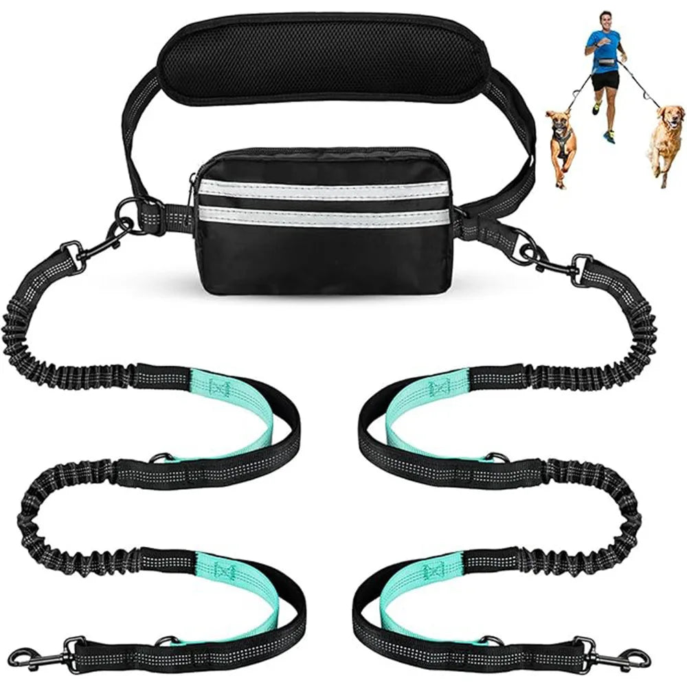 DCLOUD hands free dual dog leash with pouch for medium and large dogs, shown with adjustable straps and storage pocket.
