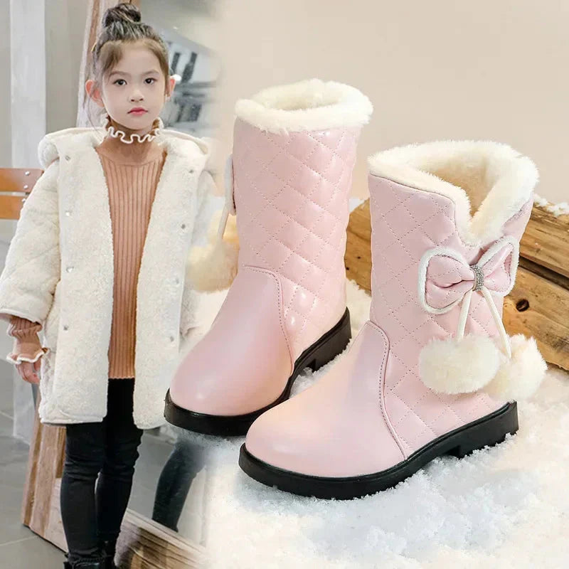 Girls winter snow boots by Mumoresip featuring plush fur lining, waterproof platform design, ideal for cold weather and snow conditions.