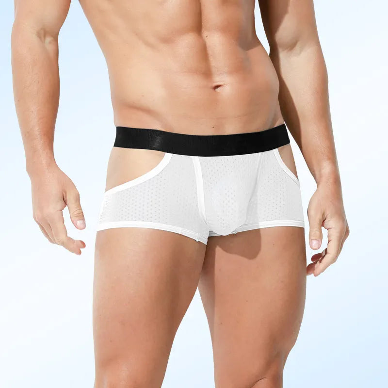 Showlu Men's Ice Silk Boxer Shorts with breathable mesh fabric, designed as comfortable sports underwear for active wear.