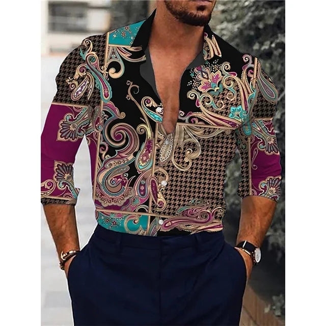 Hawaiian luxury men's designer shirt with floral 3D print, long sleeve, single-breasted casual top by Showlu Fashion.