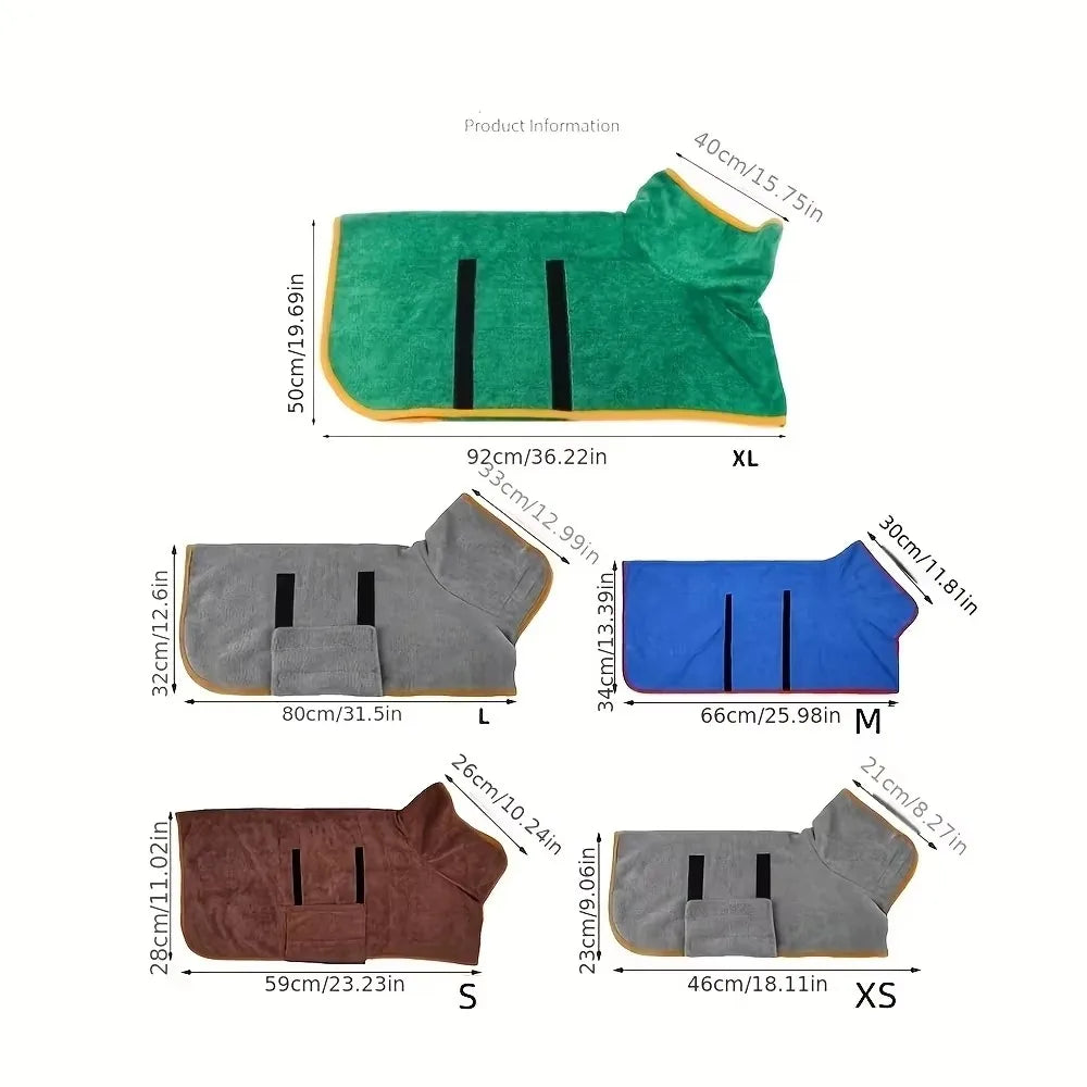 Absorbent dog bathrobe towel for quick drying, shown on a small dog, made of soft material, suitable for pets and cats.