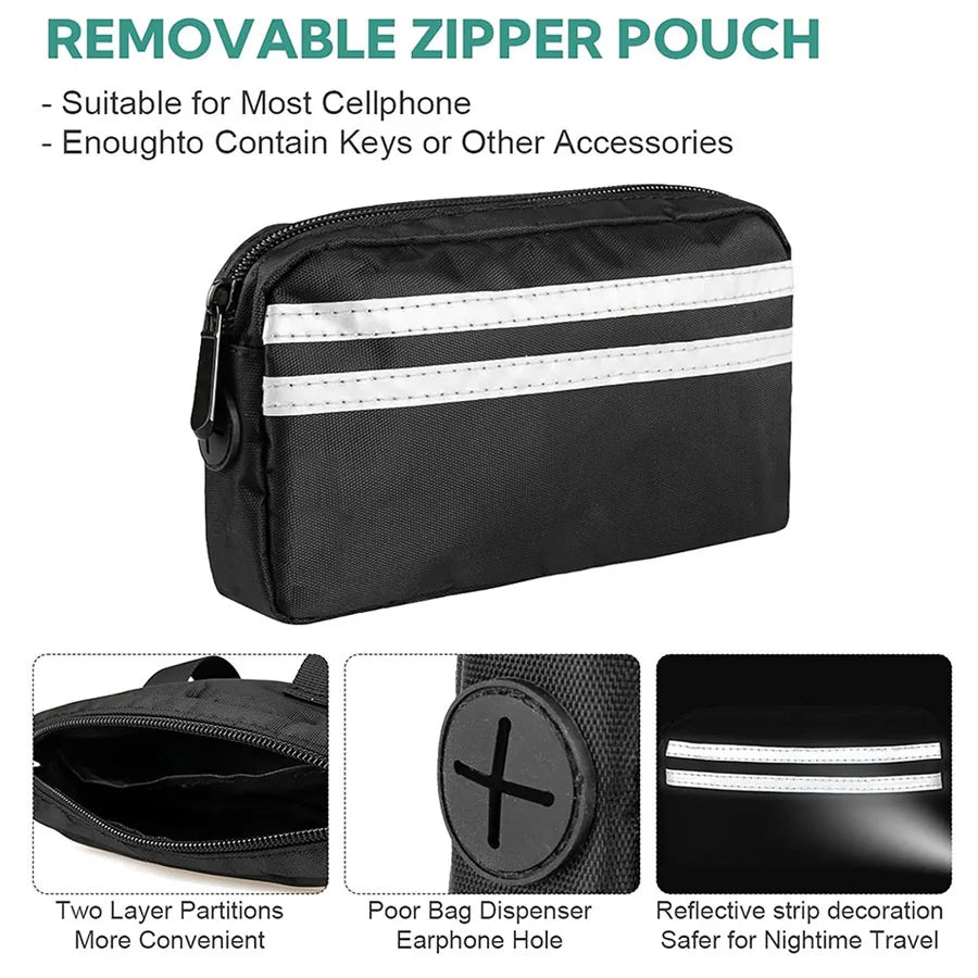 DCLOUD Hands-Free Dual Dog Leash with pouch for medium and large dogs, shown with black straps and attached storage pouch.