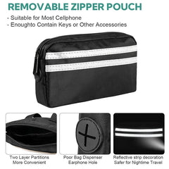 A black rectangular zipper pouch with two white reflective stripes and a multi-use rubber port.