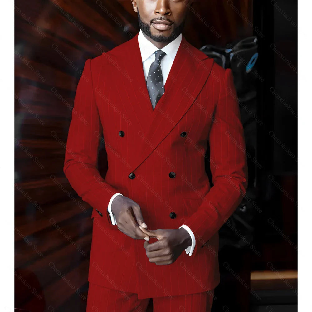 Men's blue pinstripe suit by SHOWLU FASHION STORE, double-breasted, slim fit, tailored 2-piece suit with classic lapels and stylish design.