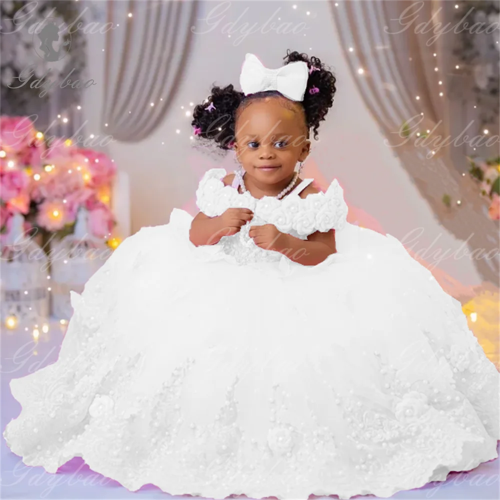 Pink Flower Girl Dresses Luxury Big Pearls Lace Ball Gown First Communion Dress Birthday Photos Shoot Gowns for Party