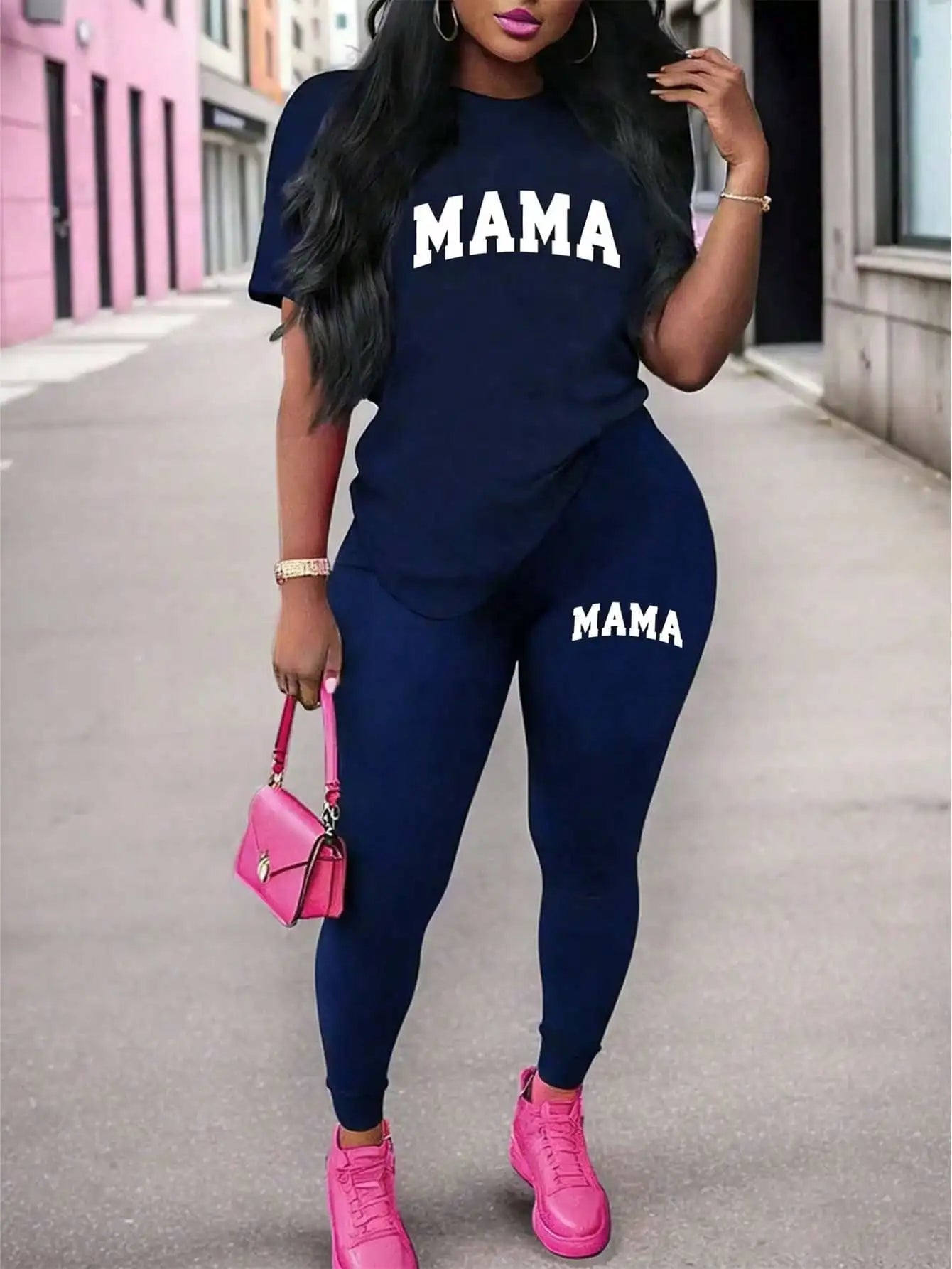 2026 Women's New Paris Printed Two-Piece Set, Casual Short-Sleeved Round Neck T-Shirt and Tight Pants Long Pants Set
