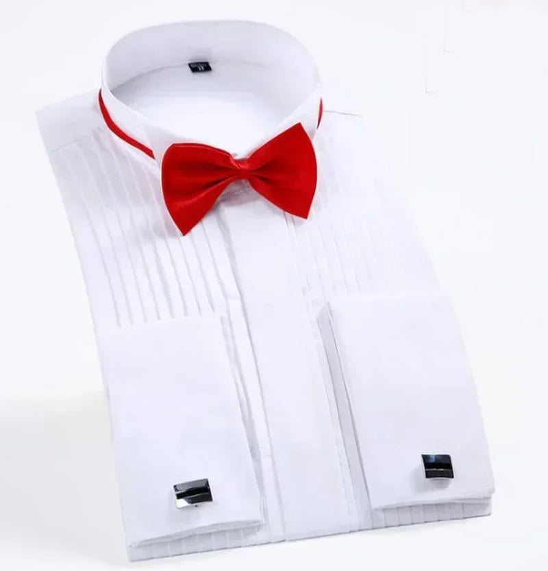 White men's long sleeve dress shirt with French cufflinks, slim fit, classic collar, and button front for formal tuxedo attire.