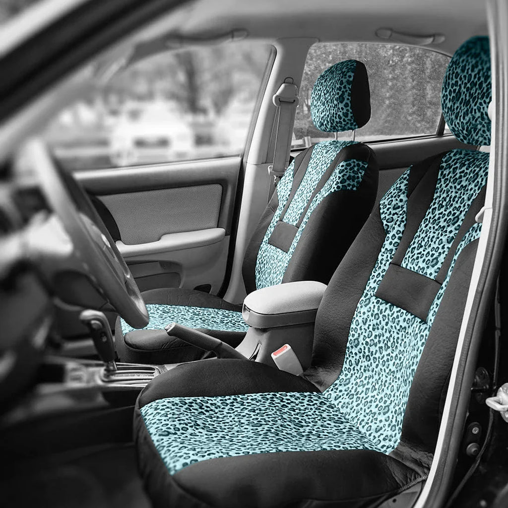 Leopard print plush car seat covers from AUTO PLUS, featuring a winter interior set in stylish, soft fabric for SHOWLU FASHION STORE.